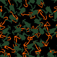 Urban UFO camouflage of various shades of black, orange and green colors