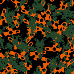 Urban UFO camouflage of various shades of black, orange and green colors