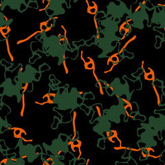 Urban UFO camouflage of various shades of black, orange and green colors