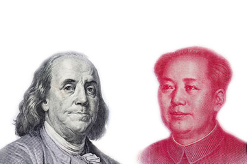 Face to face to Benjamin Franklin and Mao Tse tung for symbol of economic tariff trade war between USA and China.