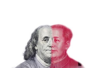 Face to face to Benjamin Franklin and Mao Tse tung for symbol of economic tariff trade war between USA and China.