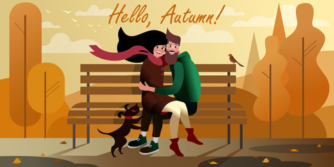Young couple hugging on a bench in autumn city park. City street scene. Vector illustration