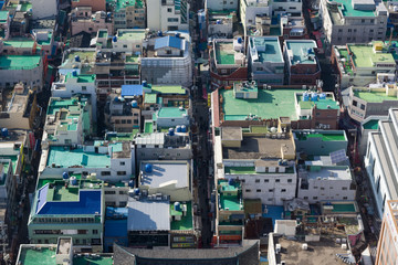 Busan, Korea, 12/22/2018 , View of the old city from the view tower. Street market seen from top.