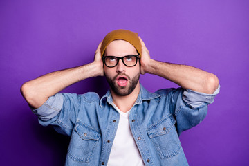Close-up portrait of his he nice attractive bored tired bearded guy closing ears with palms avoiding fight information silence isolated over bright vivid shine violet lilac background