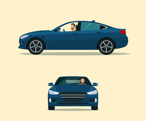 Sedan car two angle set. Car with driver man side view and front view. Vector flat style illustration.
