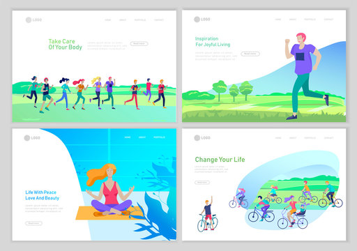 Landing page template with running group people, girl doing yoga workout, man run, group cycling. Healty life concept. People performing sports outdoor activities at Nature. Cartoon illustration