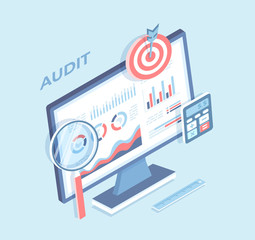 Auditing, analysis, accounting, calculation, analytics. Charts graphs on the monitor screen, magnifying glass, calculator, target. Business strategy profit growth. Isometric 3d vector 