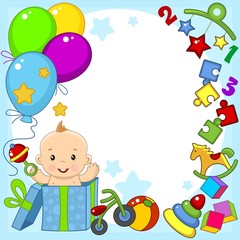 Obraz premium Greeting card template for happy birthday greetings. For a little baby boy. Image of balls, toys, gift, pyramid and puzzle.