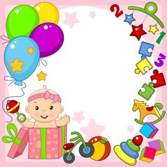 Greeting card template for happy birthday greetings. For a little baby girl. Image of balls, toys, gift, pyramid and puzzle.