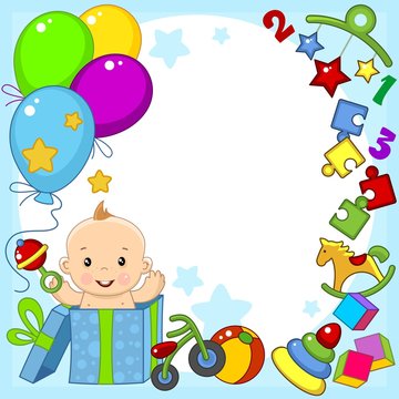 Greeting card template for happy birthday greetings. For a little baby boy. Image of balls, toys, gift, pyramid and puzzle.