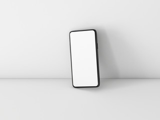 Smartphone mockup with empty frameless screen on white table, 3d rendering