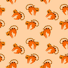 Seamless pattern with cute cartoon tigers for children print. Flat vector illustration.