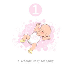 Little newborn baby of 1 month.  Physical, emotional development milestones in first year.  Cute little baby boy or girl  in diaper walking.. First year.. Infographics  with text. Vector illustration.