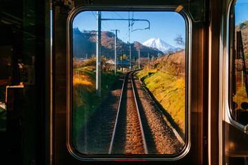 Autumn scenery along train tracks seen from driver room window