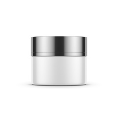 White cylindrical jar mockup with chrome lid for cosmetics isolated on white