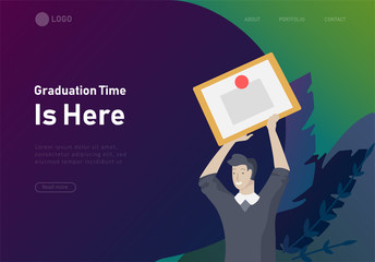 Set of web page design templates with smiling graduates people in graduation gowns holding diplomas and happy Jumping. Modern vector illustration concepts for website and mobile website development