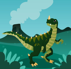 dinosaur on the background of a volcano in a prehistoric landscape, golboy background, sky. green dinosaur