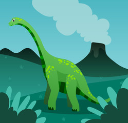 green longneck dinosaur on the background of a volcano in a prehistoric landscape, golboy background, sky. 