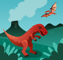 red tyrannosaurus and brown pterodactyl dinosaur on the background of a volcano in a prehistoric landscape, golboy background, sky. 