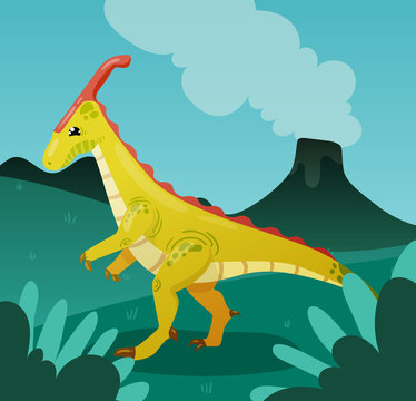 Yellow kind dinosaur on the background of a volcano in a prehistoric landscape, golboy background, sky.