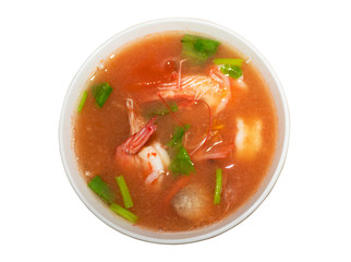 Tom Yum Kung in the top view cup, isolated on a white background