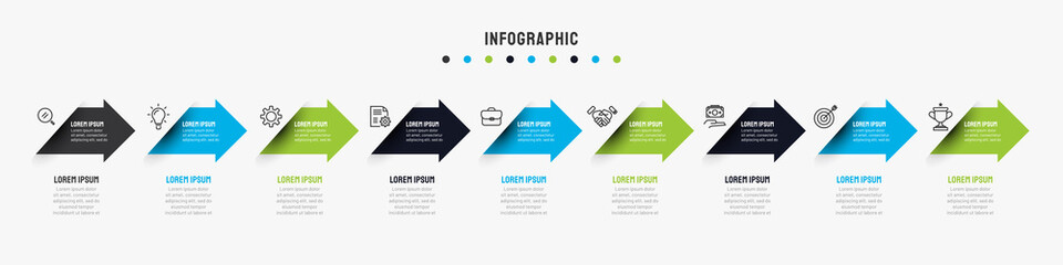 Business timeline infographics template with 7, 8, 9 options, steps, arrow, icons, flowchart, presentations, workflow. Vector eps10 illustration.