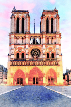 Beautiful Digital Watercolor Painting of Notre Dame in Paris, France