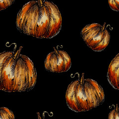 Seamless pattern hand-drawn watercolor pumpkins. It is the perfect for Thanksgiving Day, Halloween, greeting card. Print of black background.