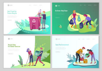 Landing page template with people Recycle Sort Garbage in different container for Separation to Reduce Environment Pollution. Family with kids collect garbage. Earth Day vector cartoon illustration