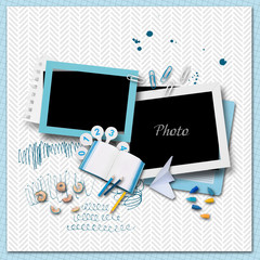 Frame for school album photos in scrapbook style. Yellow and blue stationery items. Back to school background, banner with copy space. Office objects with yellow and blue accents on light background