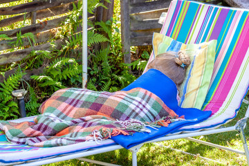 Little girl lying sick in the garden on sun lounger