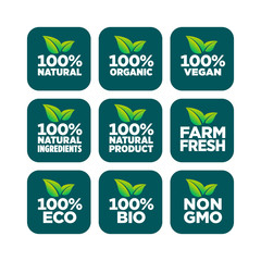 100% natural, organic, vegan, natural ingredients, natural product, farm fresh, eco,   bio, gmo free icon set