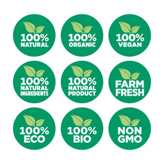 100% natural, organic, vegan, natural ingredients, natural product, farm fresh, eco,   bio, gmo free icon set