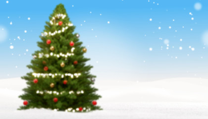 Fototapeta na wymiar blurred christmas fir tree background with snow and snowflakes 3d-illustration