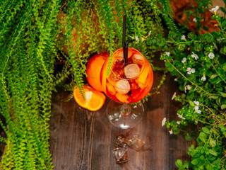 Orange aperol cocktail. On the summer terrace. Garden plants. Sunny day. Orange drink