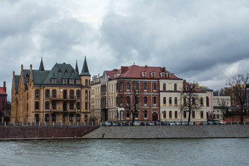River Oder embankment in cloudy weather in Wroclaw. Poland