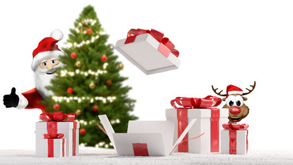 Santa Claus and reindeer with opened christmas present and fir tree 3d-illustration