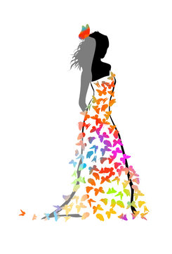 Beautiful girl's profile silhouette With a dress of butterflies - vector illustration