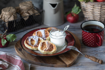 Fresh homemade pancake with apples, honey and cinnamon