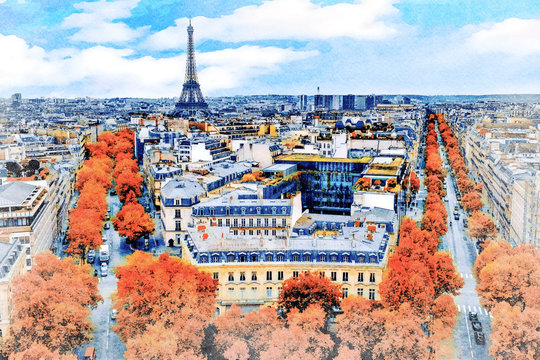 Beautiful Digital Watercolor Painting of the steets of Paris, France with the Eiffel Tower in the background.