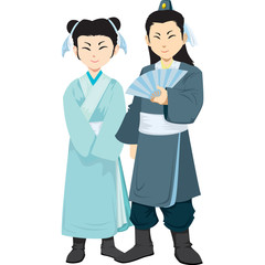 Chinese man and woman in the traditional clothing isolated on white background. Vector Illustration
