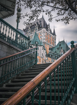 Several photos of the old town of Quebec, Chateau Frontenac, Petit Champlain neighborhood, Porte St-Jean. Winter and fall season. Province of Quebec, Canada