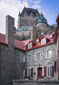 Several photos of the old town of Quebec, Chateau Frontenac, Petit Champlain neighborhood, Porte St-Jean. Winter and fall season. Province of Quebec, Canada