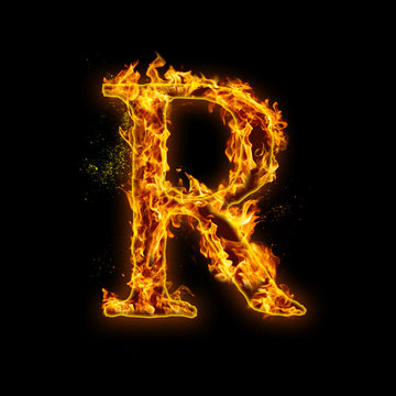 Letter R. Fire flames on black isolated background, realistick fire effect with sparks. Part of alphabet set