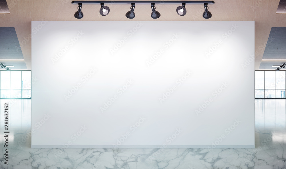 Poster blank wall in marble and wooden office mockup with large windows and sun passing through 3d renderin