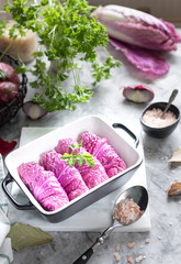Stuffed Red Beijing Cabbage. The process of cooking purple cabbage with meat