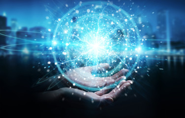 Businessman hand creating renewable and sustainable eco energy with electrical sphere 3D rendering