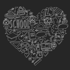 Vector set of back to school icons in doodle style. Chalked drawing on a school blackboard.