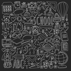 Vector set of back to school icons in doodle style. Chalked drawing on a school blackboard.