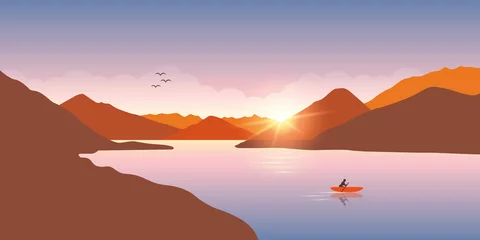 Fotobehang lonely canoeing on the river adventure in autumn with red and orange mountain landscape vector illustration EPS10 © krissikunterbunt